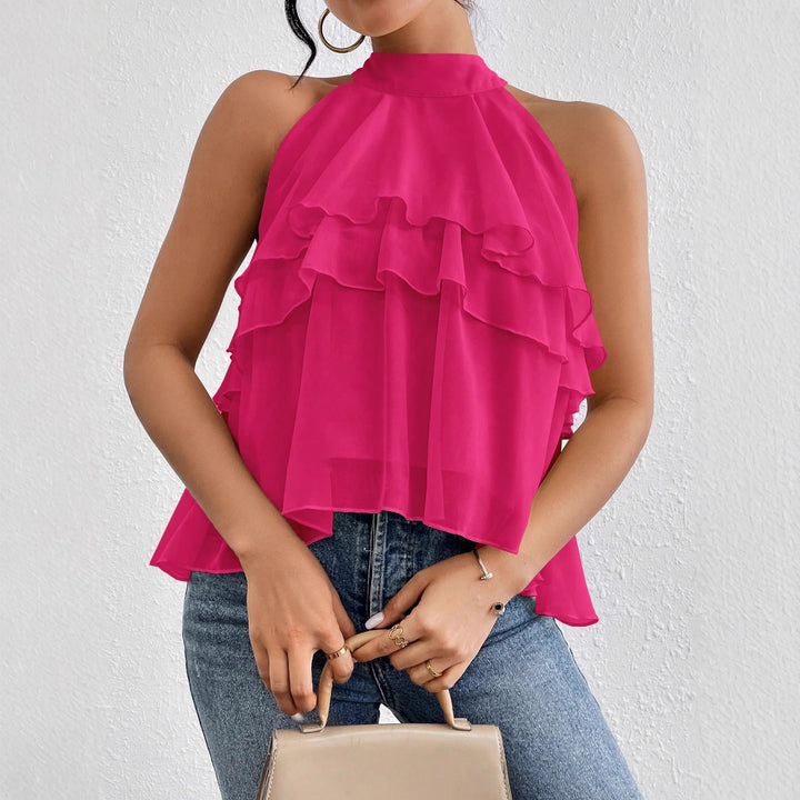 Women's Airy Chiffon Top with Stand Collar and Layered Ruffles Mune Fashion