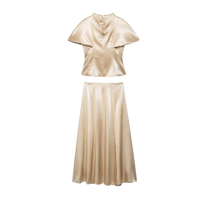 Women's Two-Piece Satin Set with Cape Top and Flowing A-Line Skirt Mune Fashion