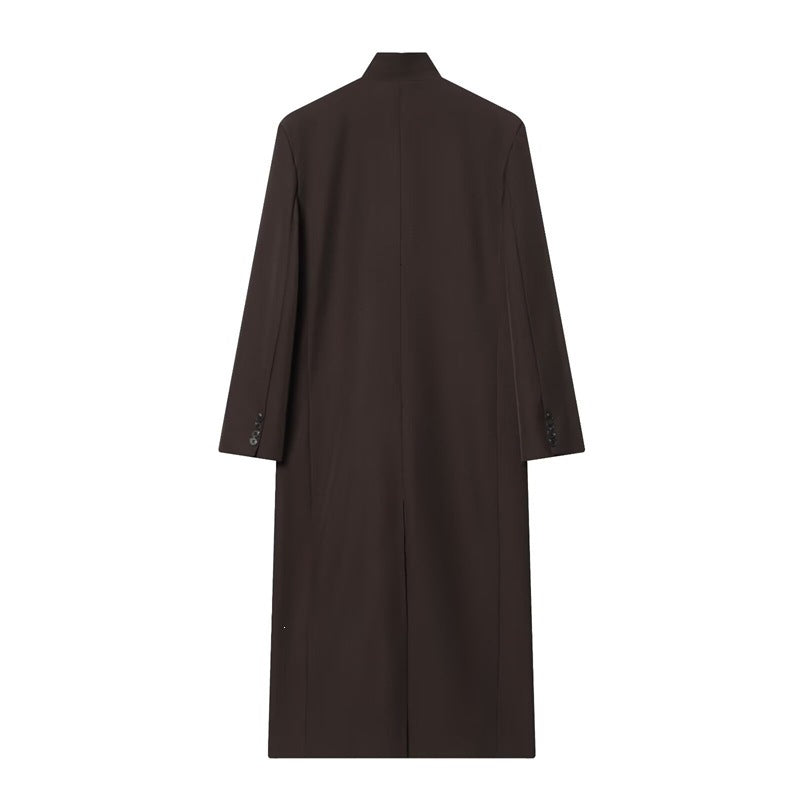 Women's Long Coat with Mandarin Collar, Minimalist Silhouette and Concealed Button Placket Mune Fashion