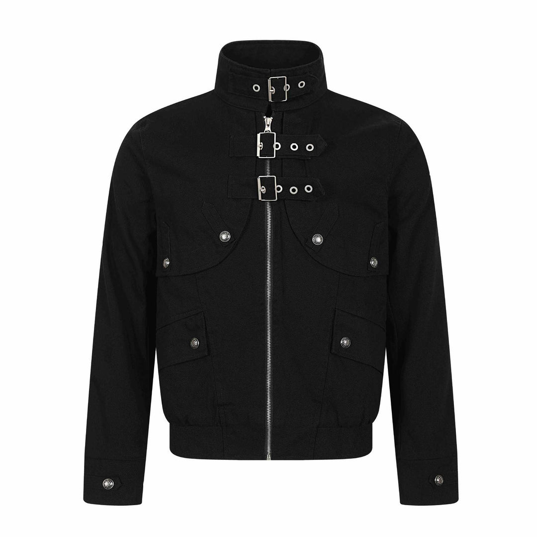 Unisex Short-cut Canvas Field Blouson with Buckle Placket, Utility Pockets and High Standing Collar Mune Fashion