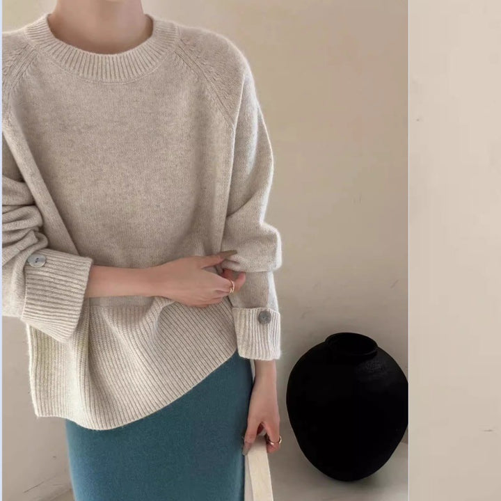 Women's Oversize Crew Neck Sweater with Extended Cuffs and Decorative Button Mune Fashion