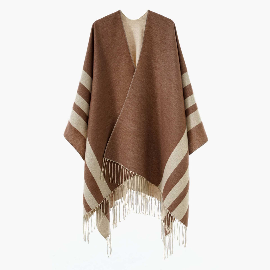 Women Reversible Knitted Cape-Poncho with Fringes and Contrasting Stripes Mune Fashion