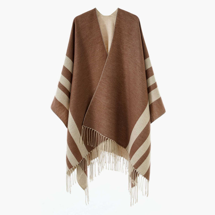 Women's Large Wool Blend Fringe Poncho with Diagonal Contrast Stripes Mune Fashion