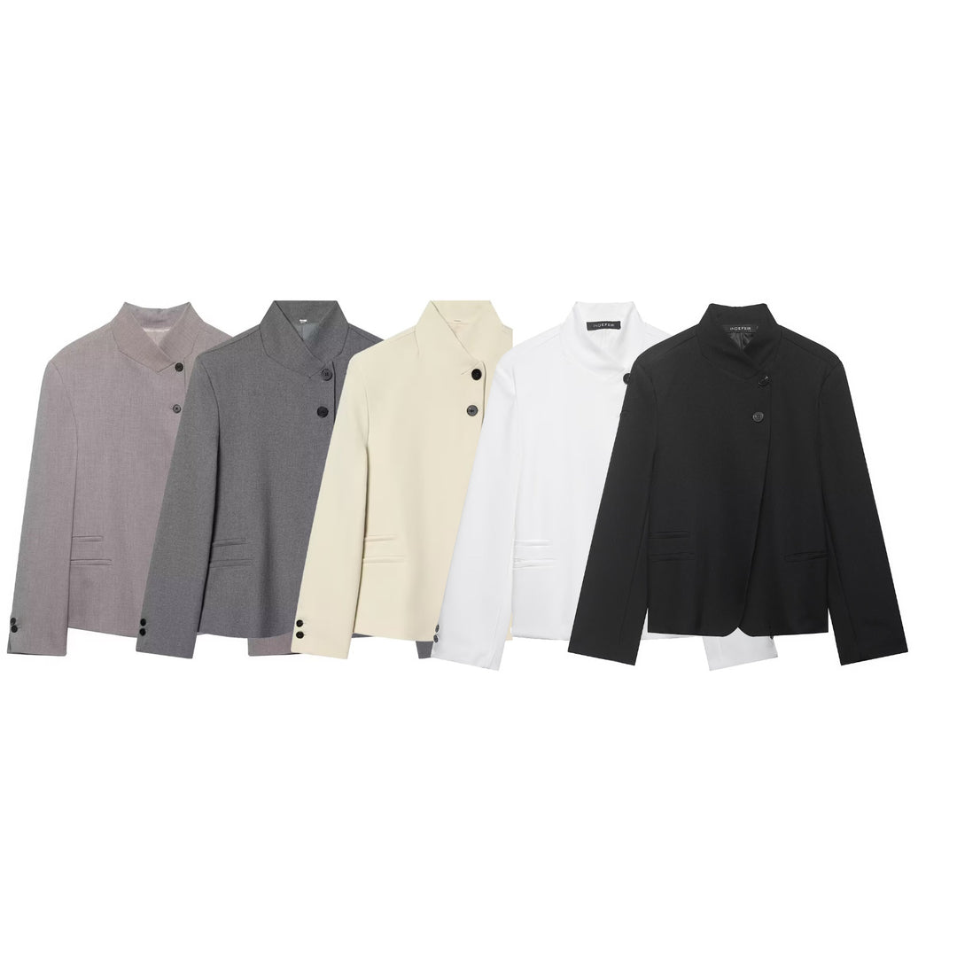Women's Short Blazer with Stand Collar and Asymmetric Two-Button Closure Mune Fashion