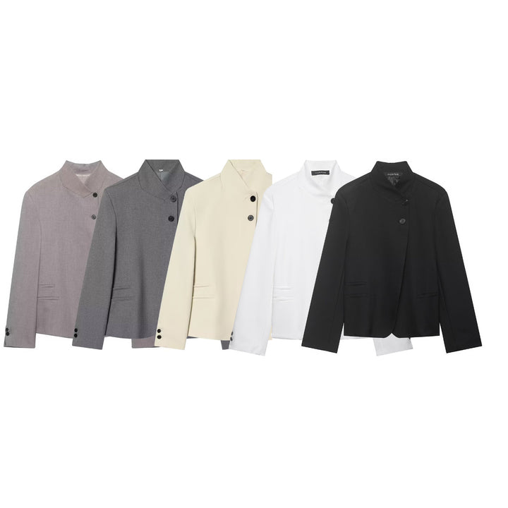 Women's Short Blazer with Stand Collar and Asymmetric Two-Button Closure Mune Fashion