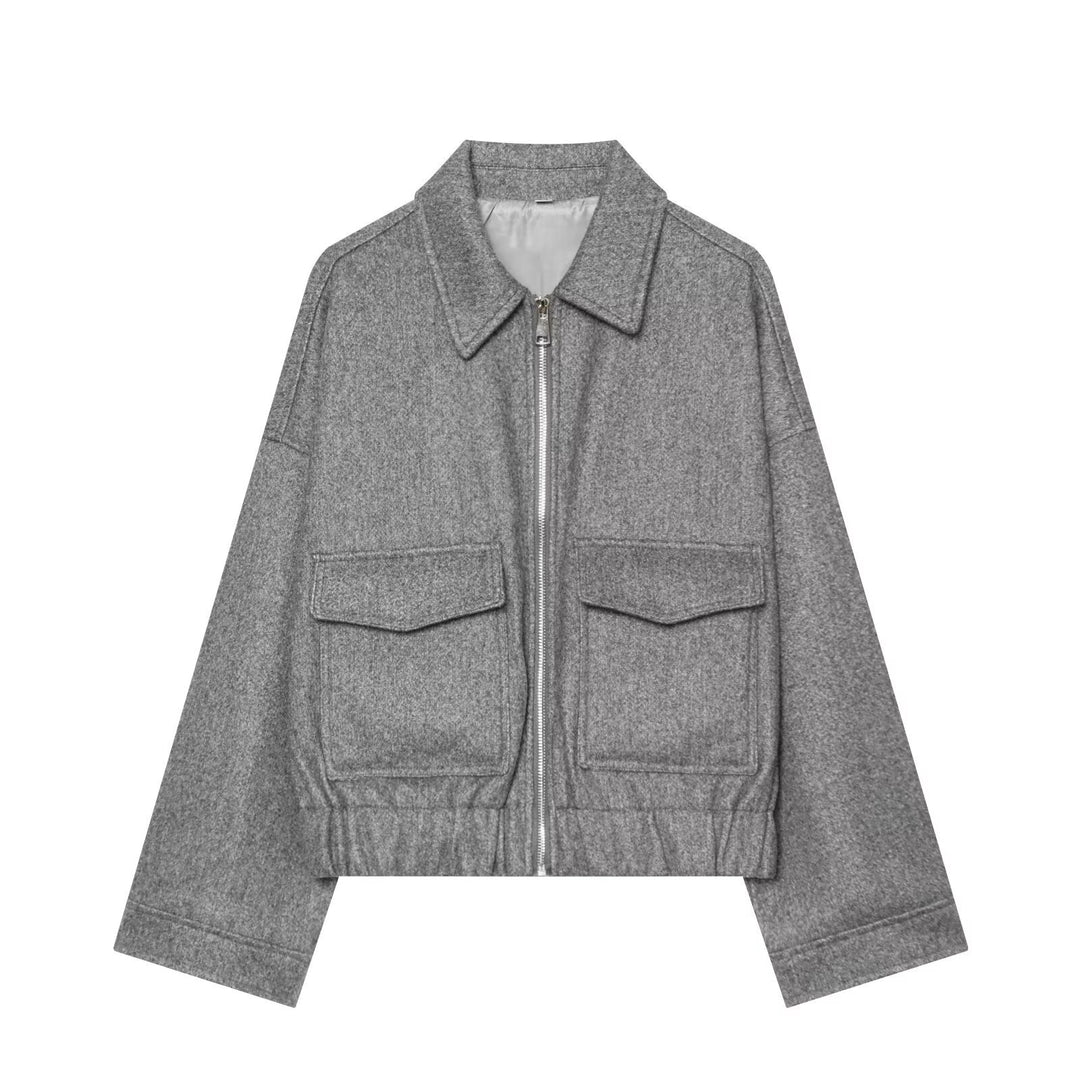 Ladies short jacket made of wool blend with zipper, flap pockets and elastic hem Mune Fashion