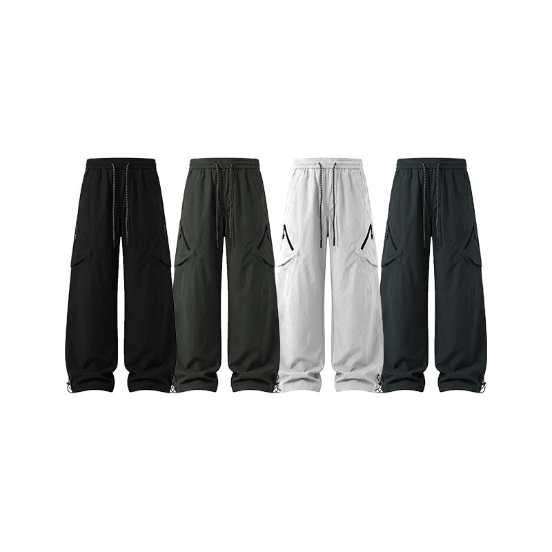 Men's Wide Technical Utility Cargo Pants with Drawstring Waist and Multifunctional Pockets Drune