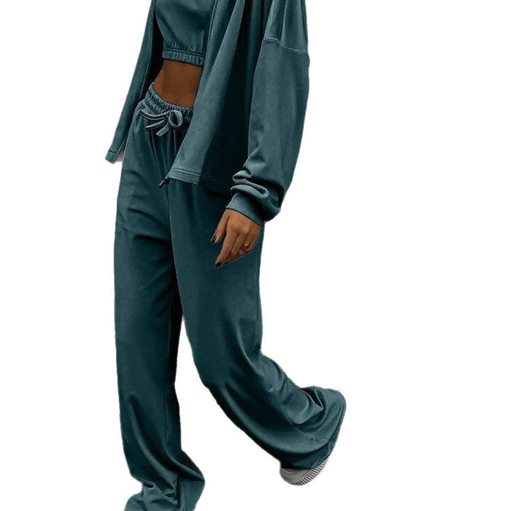 Women's soft velvet lounge set with short zipper, extra long drawstrings, and high-cut comfort pants Mune Fashion