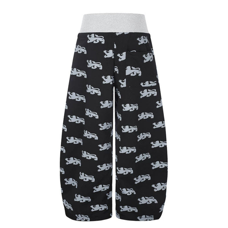Women's Wide Culotte Palazzo Sweatpants with High Ribbed Waistband, Drawstring and Heraldic Coat of Arms Print Mune Fashion