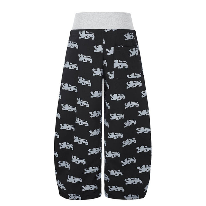 Women's Wide Culotte Palazzo Sweatpants with High Ribbed Waistband, Drawstring and Heraldic Coat of Arms Print Mune Fashion