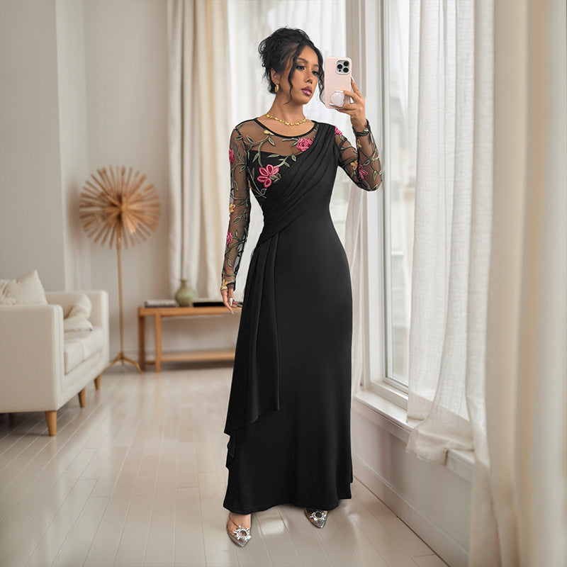 Women's evening dress with embroidered mesh sleeves, asymmetrical drape and waist sash Mune Fashion