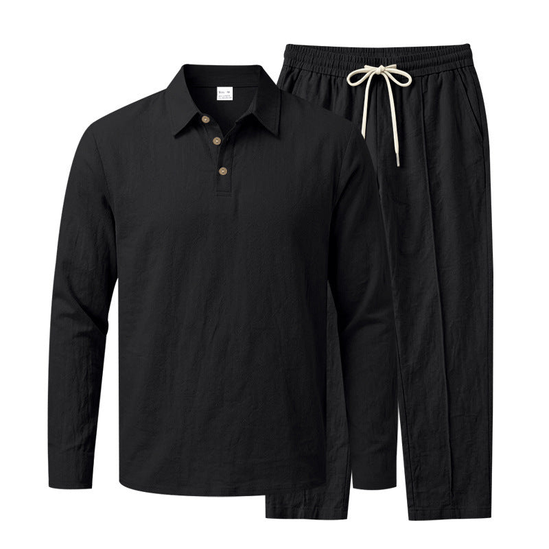 Men's Long Sleeve Polo Shirt and Relax Pants Set in Linen Look with Drawstring Mune Fashion