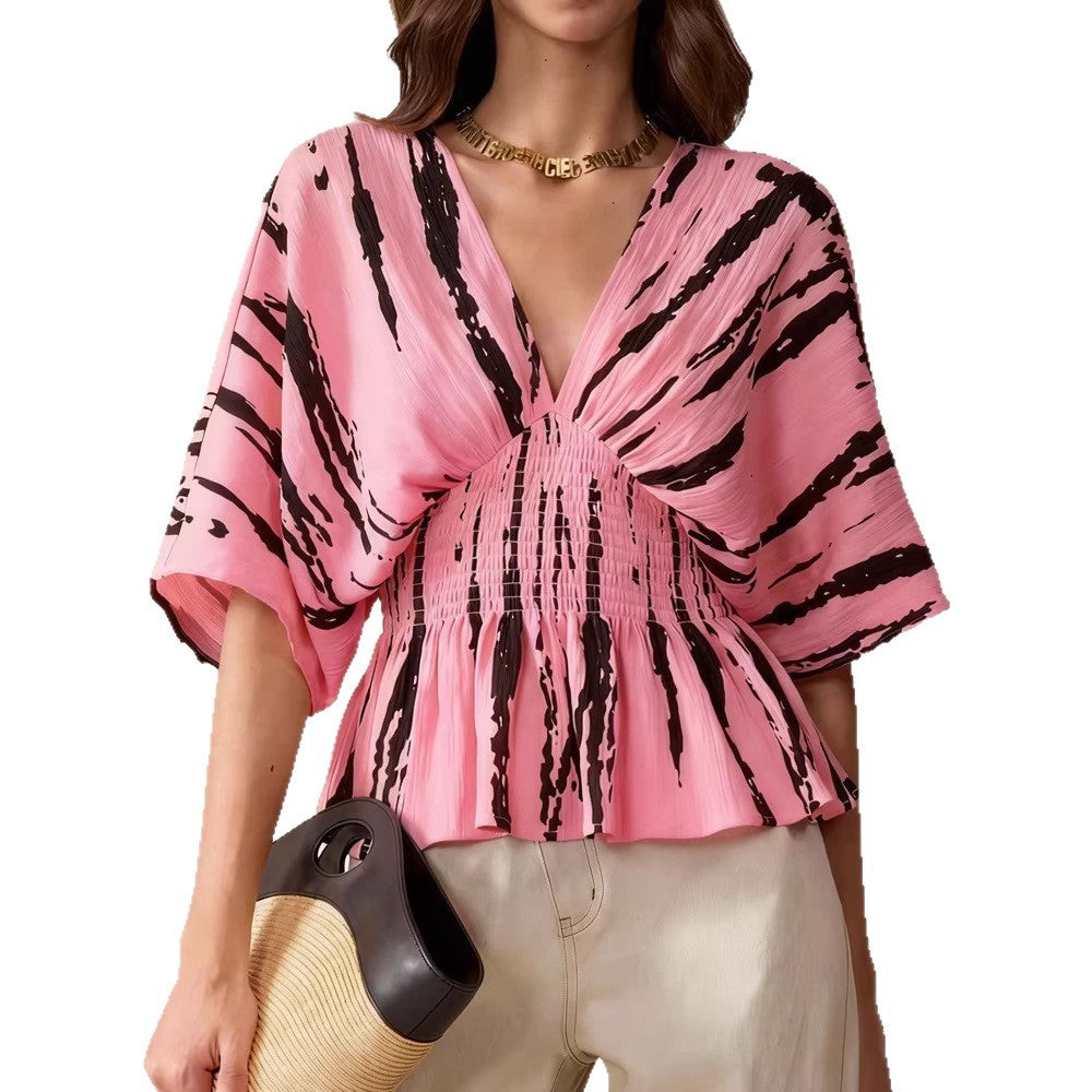 Women's V-Neck Blouse with Loose Fit and Ruching Mune Fashion