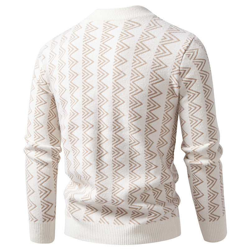Men's fine knit mock neck pullover with geometric zigzag jacquard Mune Fashion