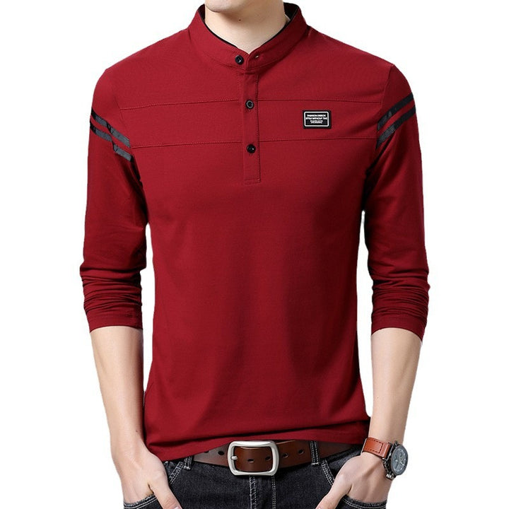 Men's Slim-Fit Long Sleeve Henley with Stand Collar and Shoulder Stripes Mune Fashion