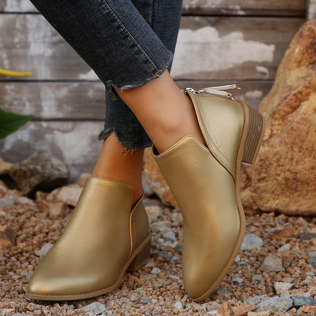 Women's metallic ankle boots with pointed toe, back zipper and low block heel Mune Fashion