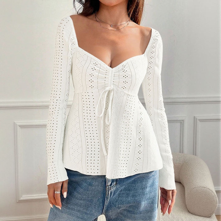 Women embroidered Broderie-Anglaise long sleeve top with gathering, V-neck effect and tailored peplum Mune Fashion