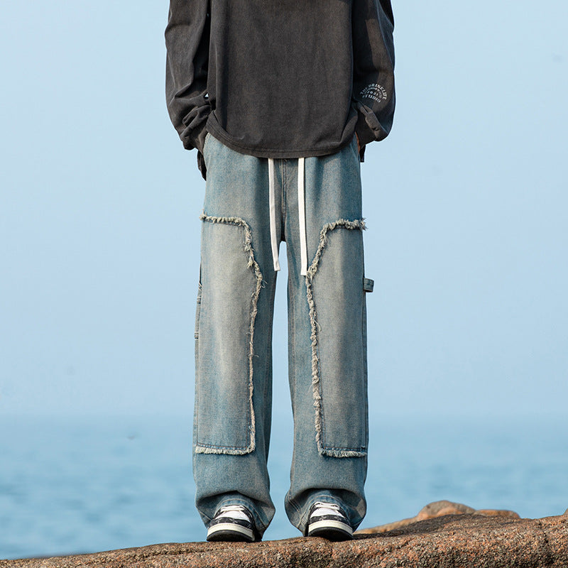 Men's Wide Denim Cargo Pants with Fringed Patch Pockets and Drawstring Waist Drune