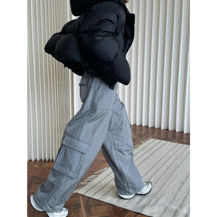 Women's Wide High-Waist Cargo Palazzo Pants with Flap Pockets Mune Fashion