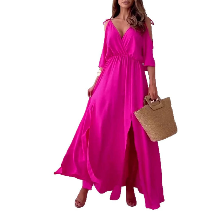 Women nan flowing maxi dress with V drape, off-shoulder strap band, elastic waist yoke and high skirt slit Mune Fashion