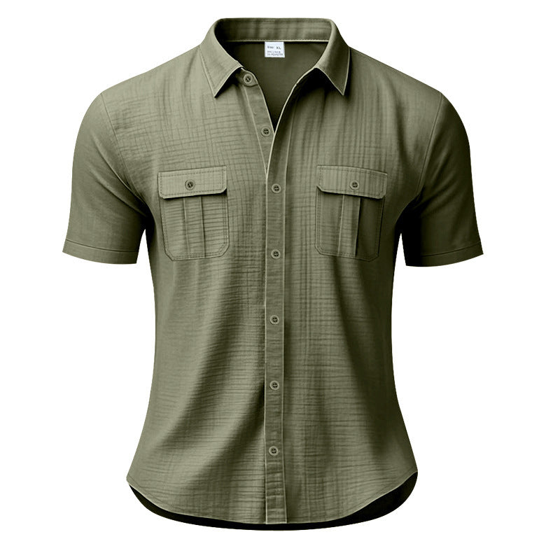Men's structured short sleeve shirt in linen gauze look with flap pockets and rounded hem Mune Fashion
