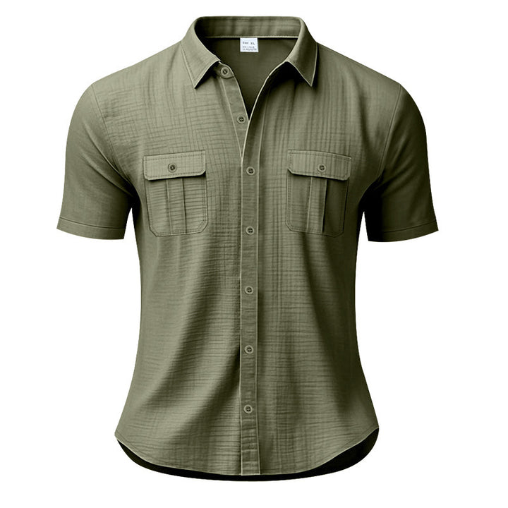Men's structured short sleeve shirt in linen gauze look with flap pockets and rounded hem Mune Fashion