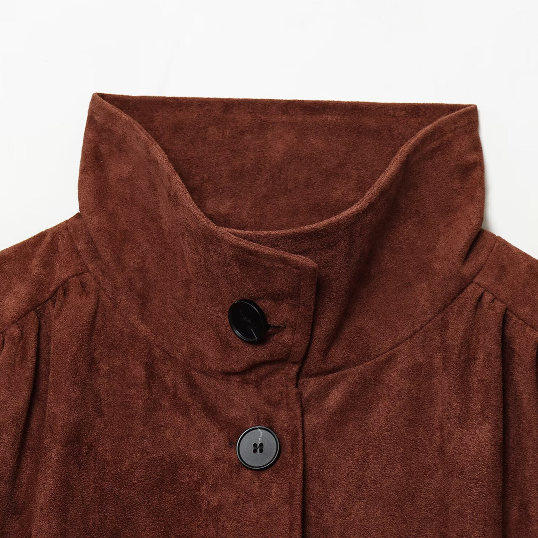 Women's short jacket made of faux suede with a stand-up collar, gathered balloon sleeves, and button placket Mune Fashion