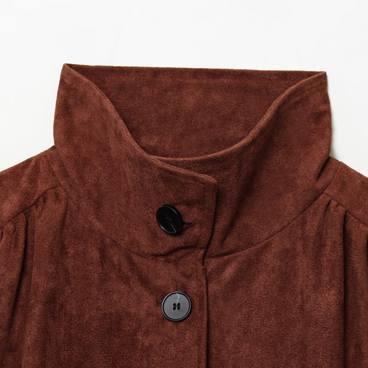 Women's short jacket made of faux suede with a stand-up collar, gathered balloon sleeves, and button placket Mune Fashion