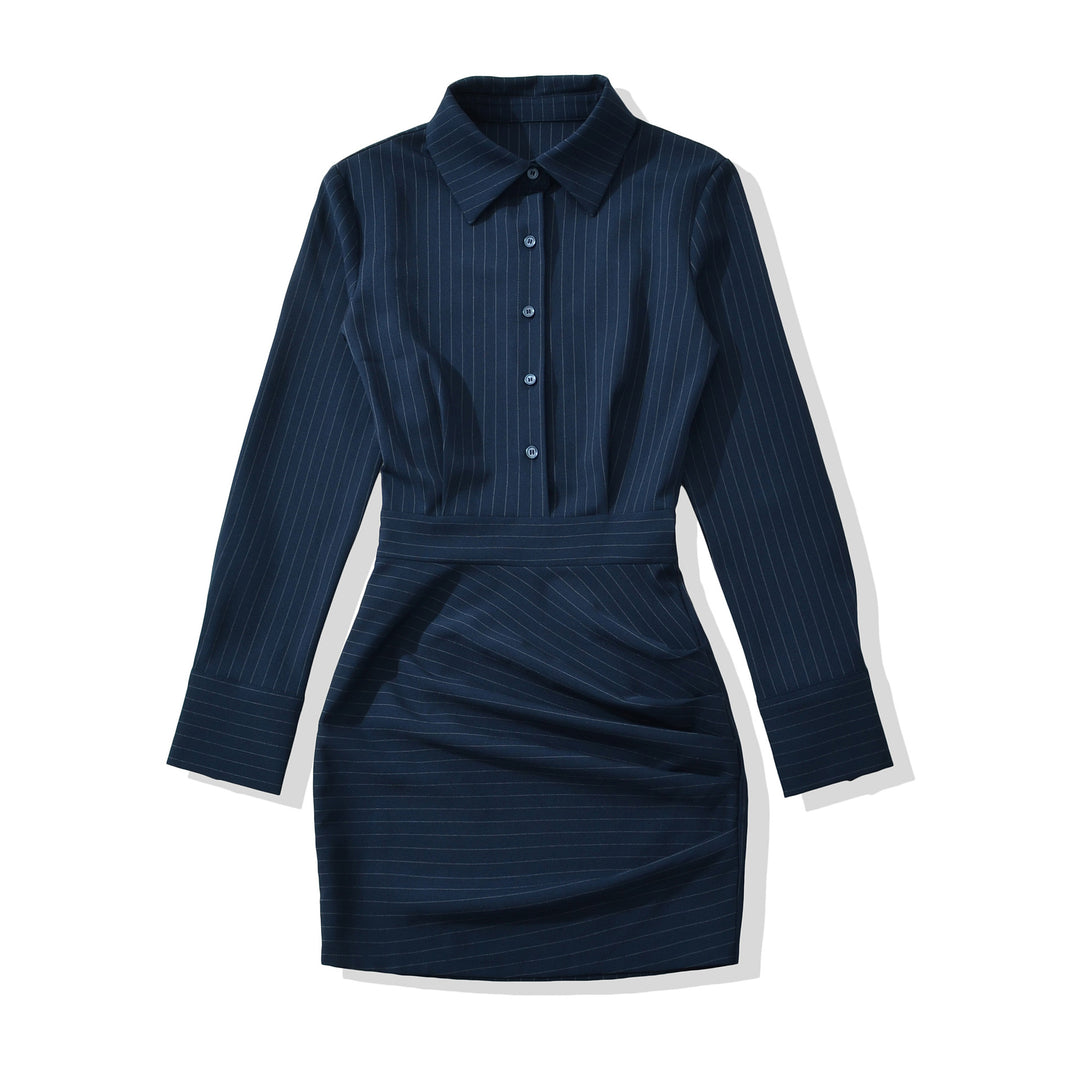 Women Tailored Midi Dress with Shirt Blouse Top and Pinstripe Design Mune Fashion