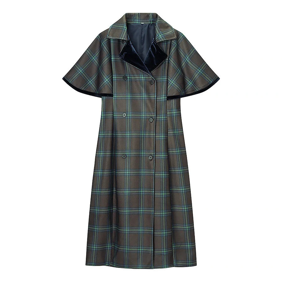 Women long checked cape coat with double layer cape shoulder and velvet collar Mune Fashion