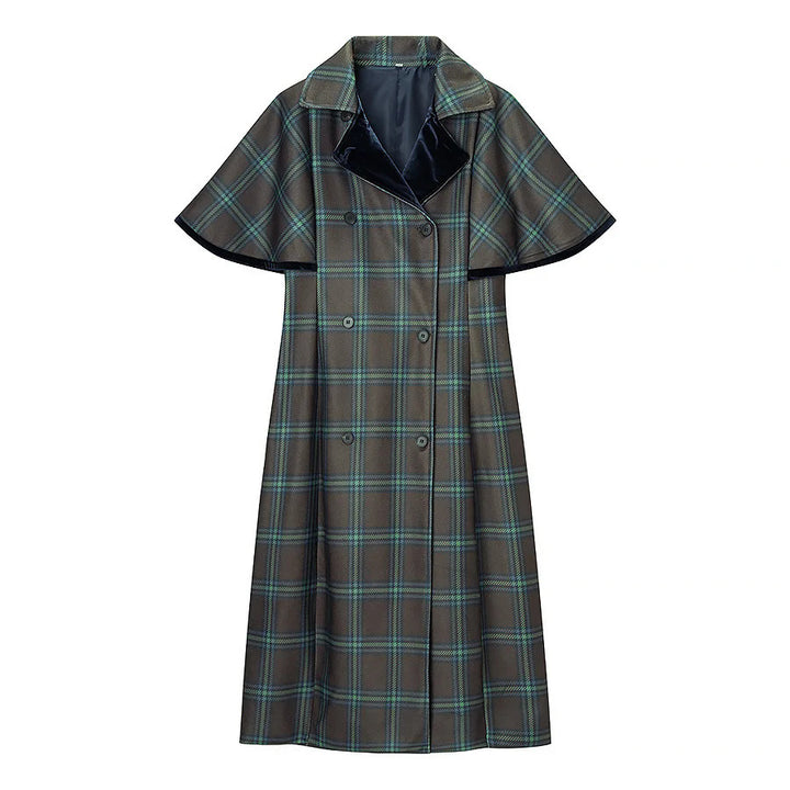 Women long checked cape coat with double layer cape shoulder and velvet collar Mune Fashion
