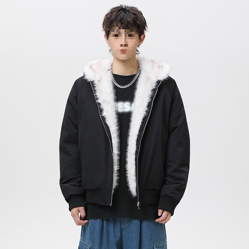 Men's quilted hooded bomber jacket in oversized look with contrasting faux fur lining Mune Fashion