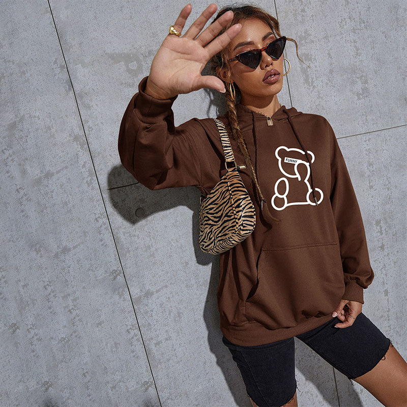 Women's Oversized Hoodie with Teddy Graphic, Kangaroo Pocket and Drawstring Hood
