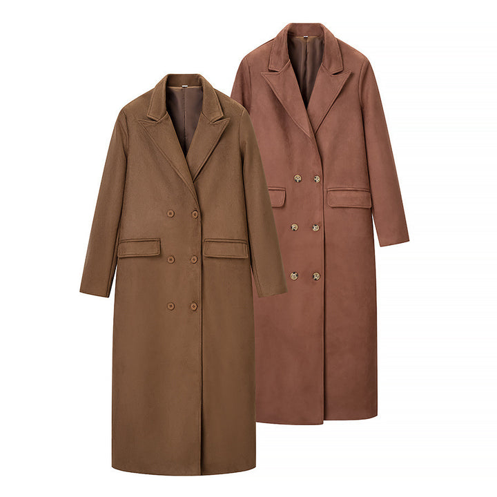 Women Double-breasted Wool-look Maxi Coat with Lapel Collar and Flap Pockets Mune Fashion