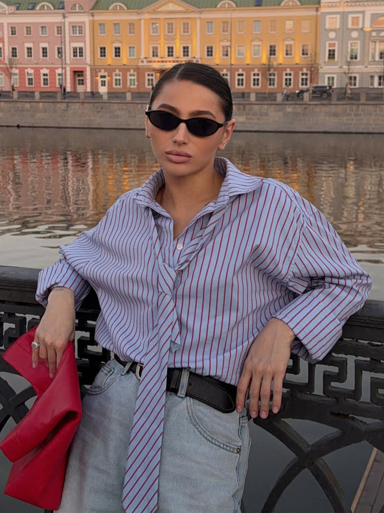 Women's Striped Blouse with Integrated Tie Detail & Oversized Cut Mune Fashion
