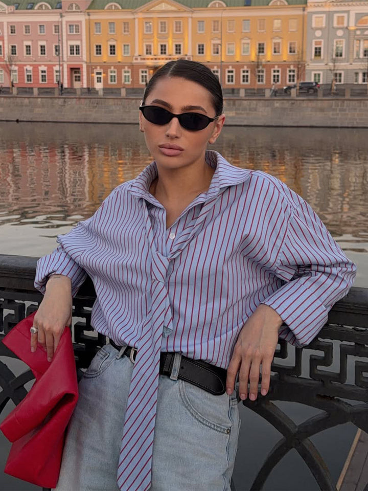 Women's Striped Blouse with Integrated Tie Detail & Oversized Cut Mune Fashion