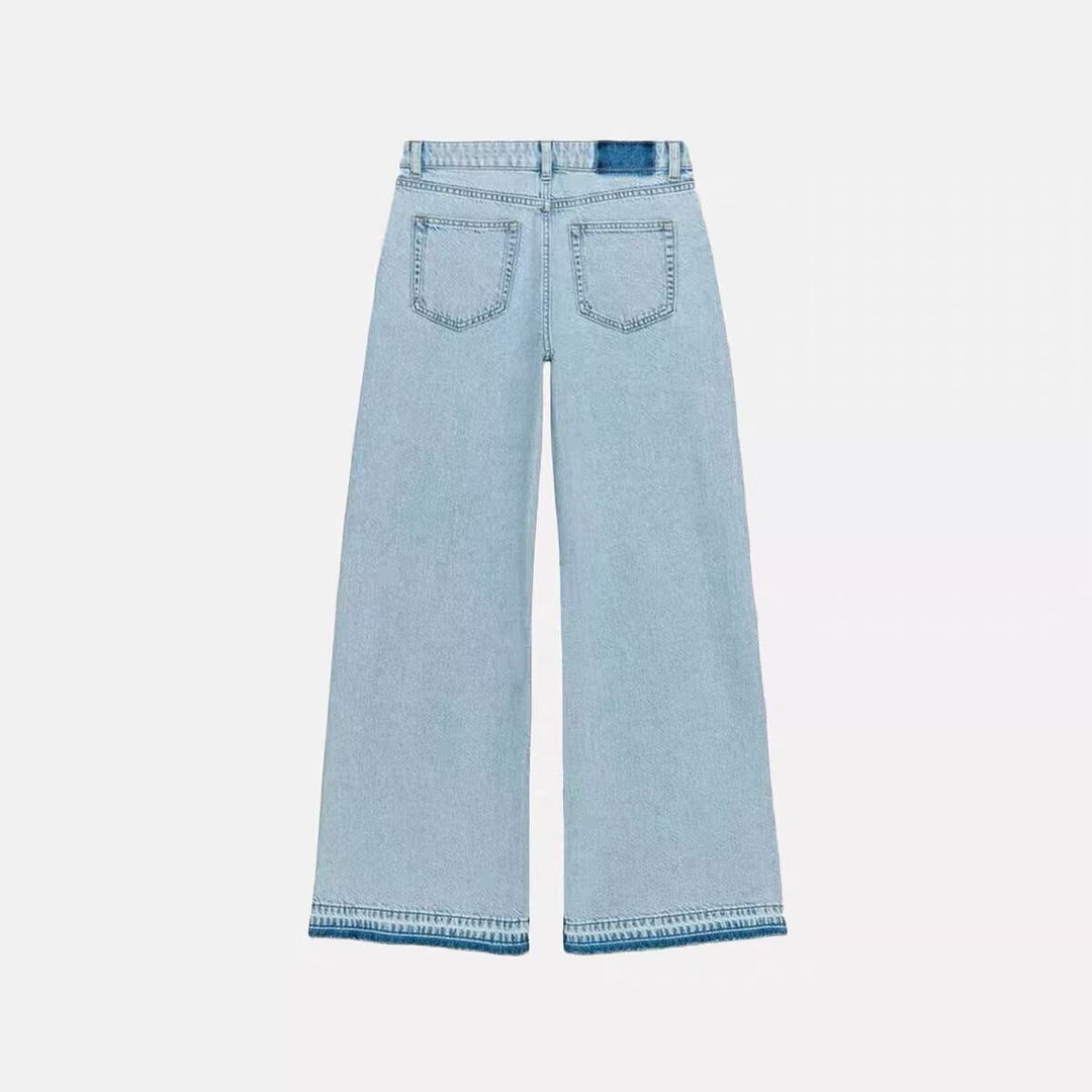 Women's Highwaist Cropped Wide-Leg Jeans with Crochet Lace Side Stripes Mune Fashion