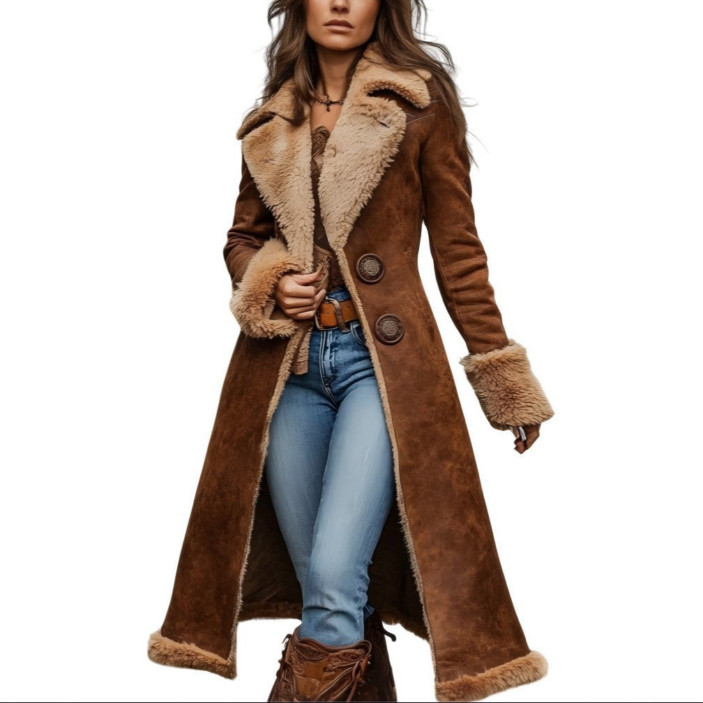 Women's long cut velour shearling coat with teddy trim and fitted silhouette Mune Fashion