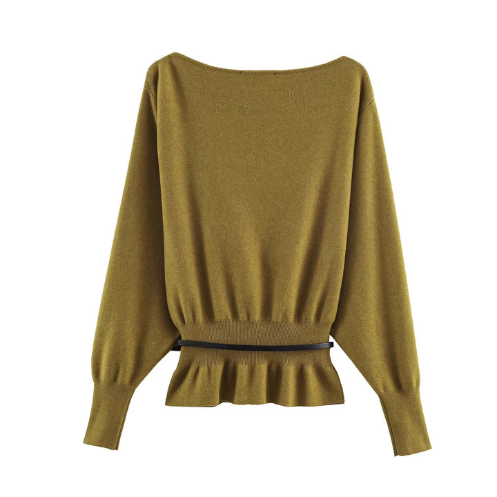 Women's Oversized Knit Sweater with Boat Neck, Batwing Sleeves, Gathered Ribbed Hem, and Waist Belt Mune Fashion