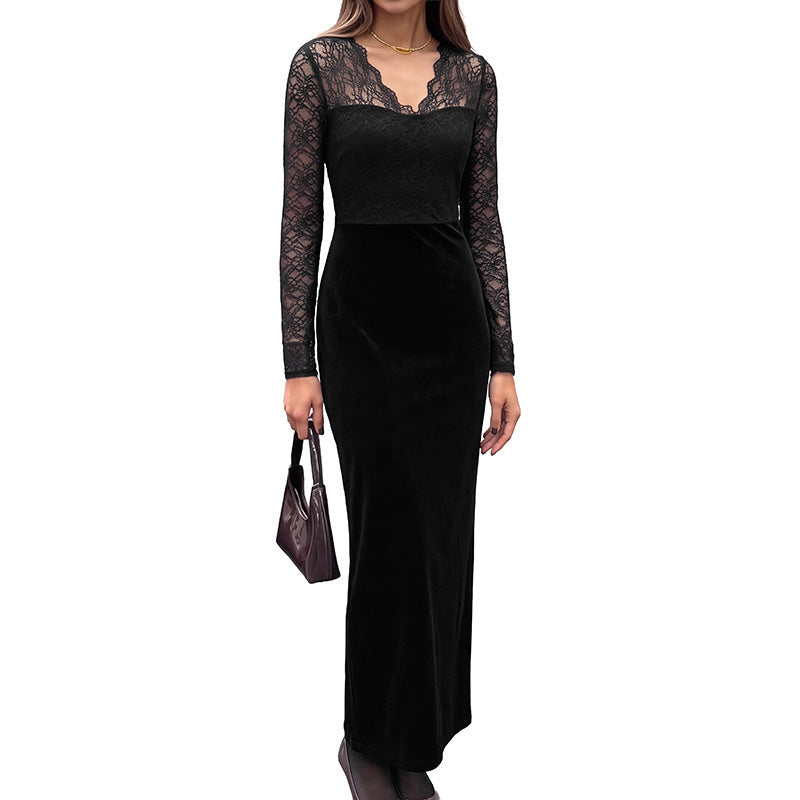 Women's evening dress with transparent lace sleeves, velvet skirt, and illusion heart neckline Mune Fashion
