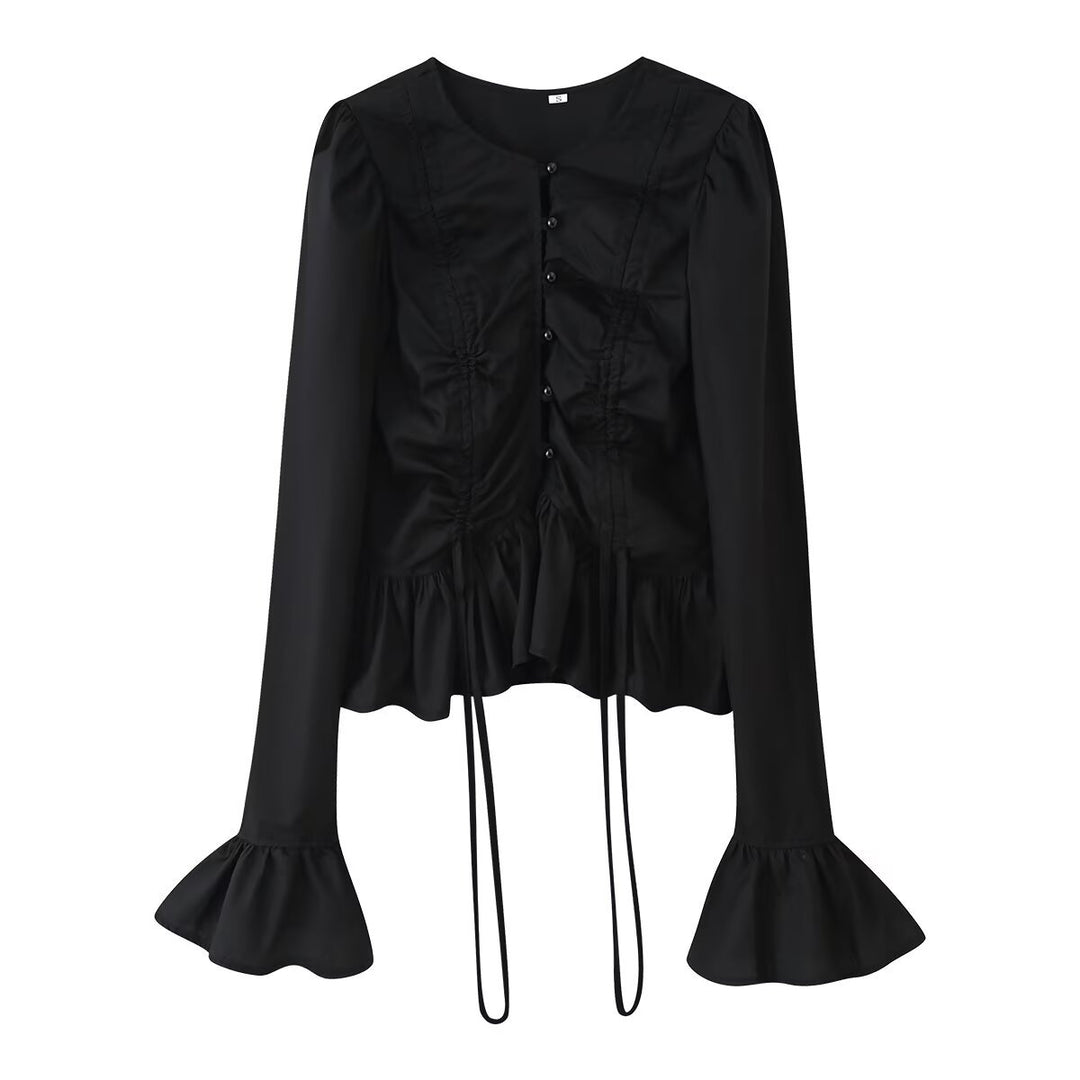 Ladies ruffle blouse with drawstring, flounce hem and bell sleeves Mune Fashion