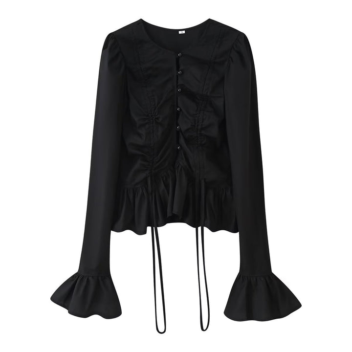 Ladies ruffle blouse with drawstring, flounce hem and bell sleeves Mune Fashion