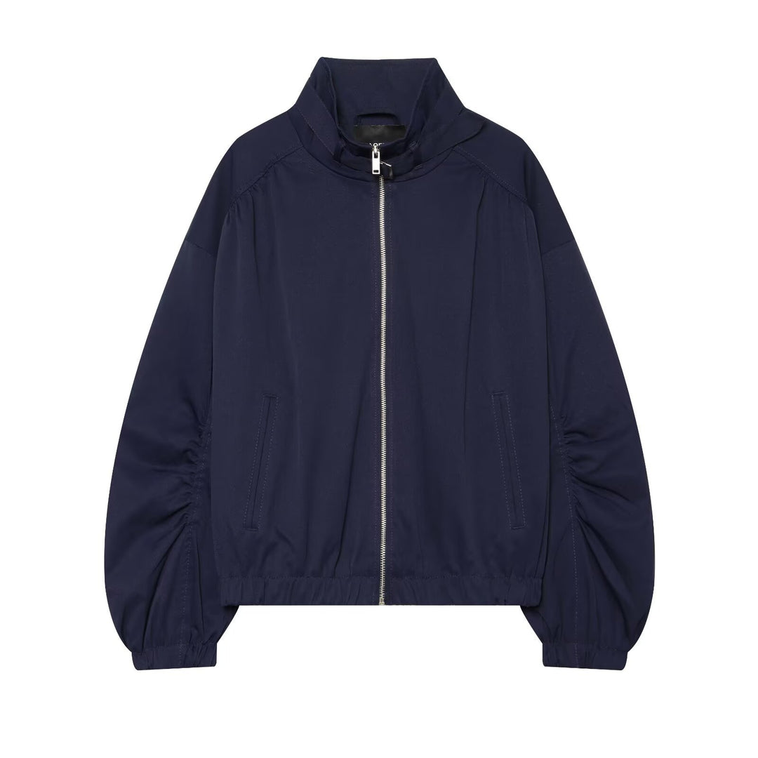 Women's Cropped Bomber Jacket with Gathered Sleeves and High Funnel Neck Mune Fashion