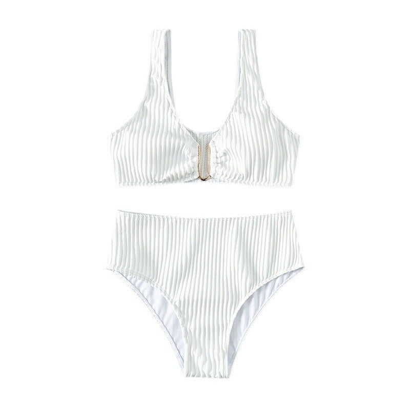 Ladies High-Waisted Bikini Set with Elegant Striped Pattern Mune Fashion