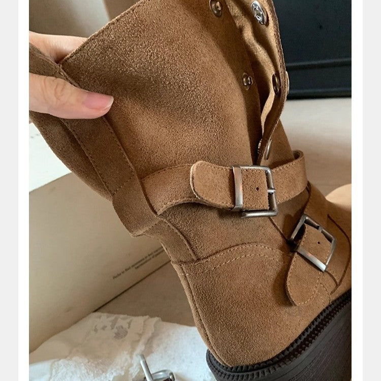Women's suede biker boots with buckles and medium block heel Mune Fashion