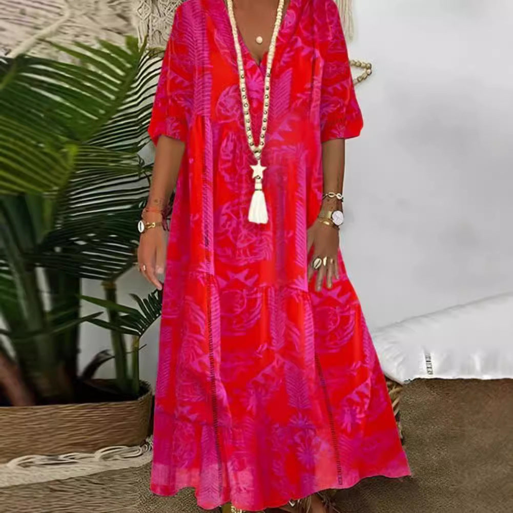Ladies Boho Long Dress with Deep V-Neck, Tiered Cut and Casual Oversized Fit Mune Fashion
