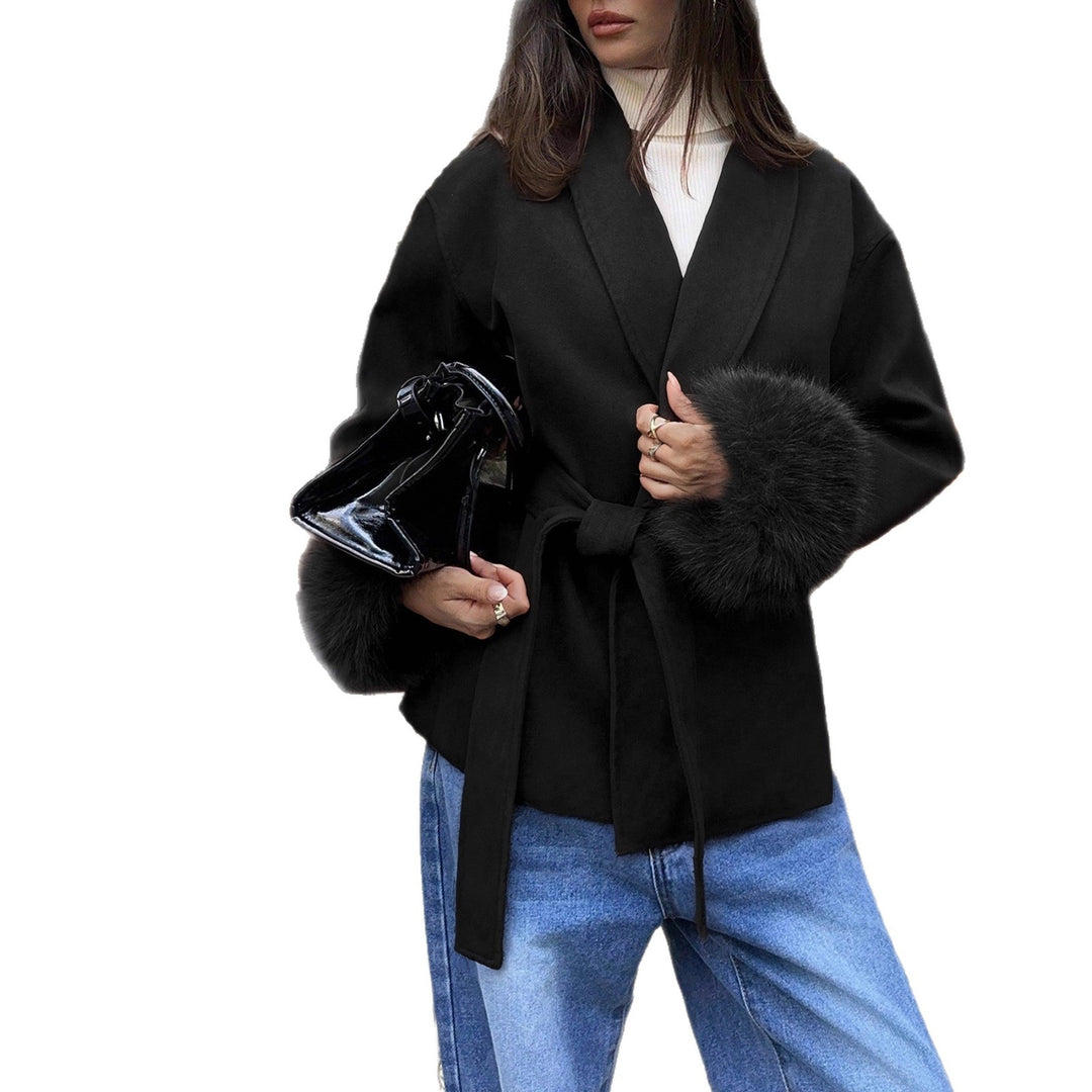 Women's short coat with faux fur cuffs, shawl collar and wrap belt Mune Fashion