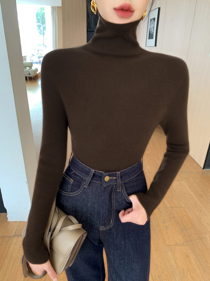 Women Slim Fine Knit Sweater with High Roll Neck and Fine Rib Structure Mune Fashion