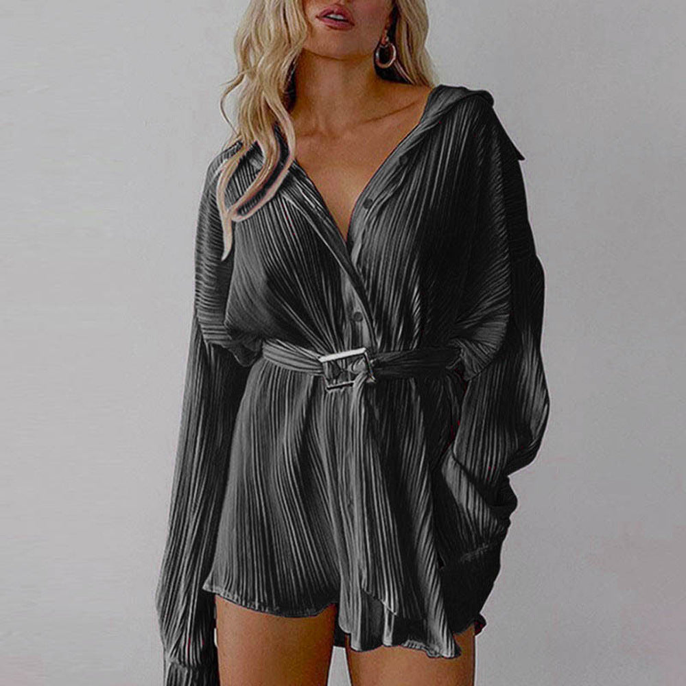 Ladies nan pleated shirt dress with waist belt and concealed button placket Mune Fashion
