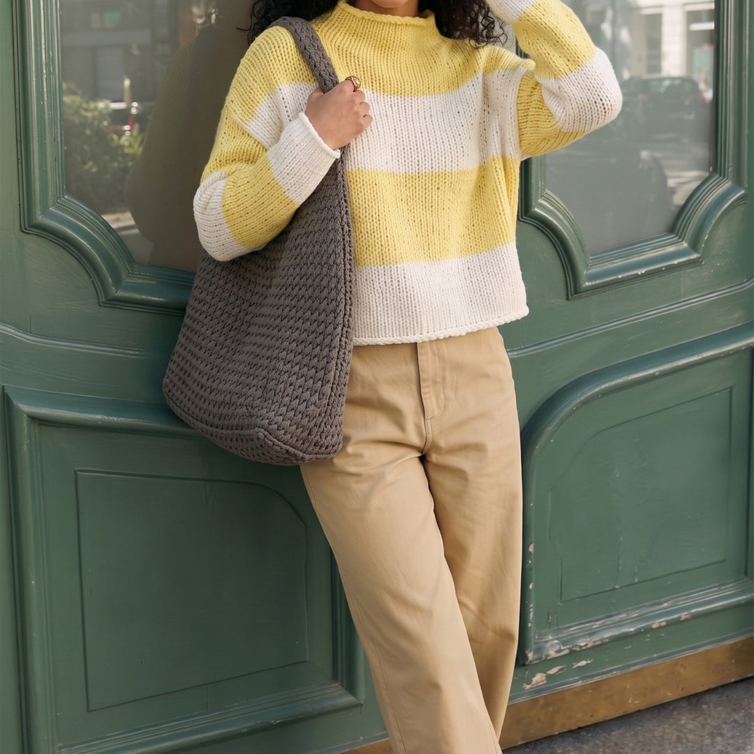 Women's Chunky Knit Cropped Sweater with Stand-Up Collar and Dropped Sleeves Mune Fashion